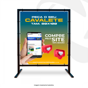 Cavalete 1 Base - 80x100cm Estrutura Metalon com pintura eletrostática (alta durabilidade) Estrutura Tam. 80x100cm / Lona Tam. 73x83cm 4x0 ou 4x4  Lona Impressa com ilhós Lona com proteção Verniz UV (alta resistência a sol e chuva e maior definição de cores)